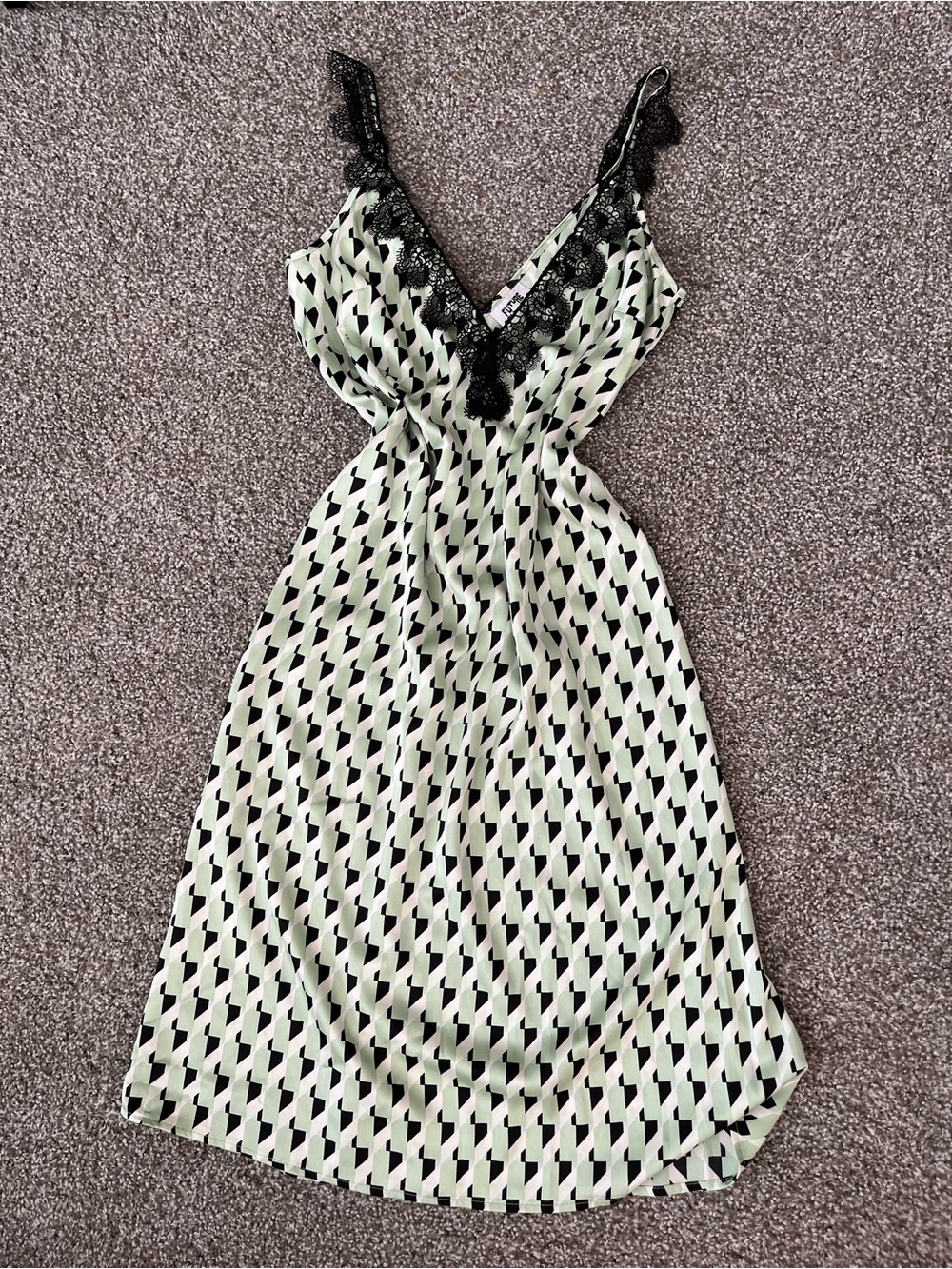 Future Collective Lace-Trim Slip Dress in Soft Mint with Black Pattern
